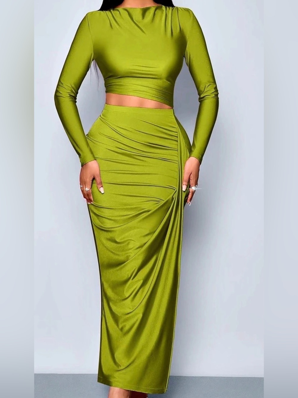 Ruched Slit Maxi skirt and top in Gree